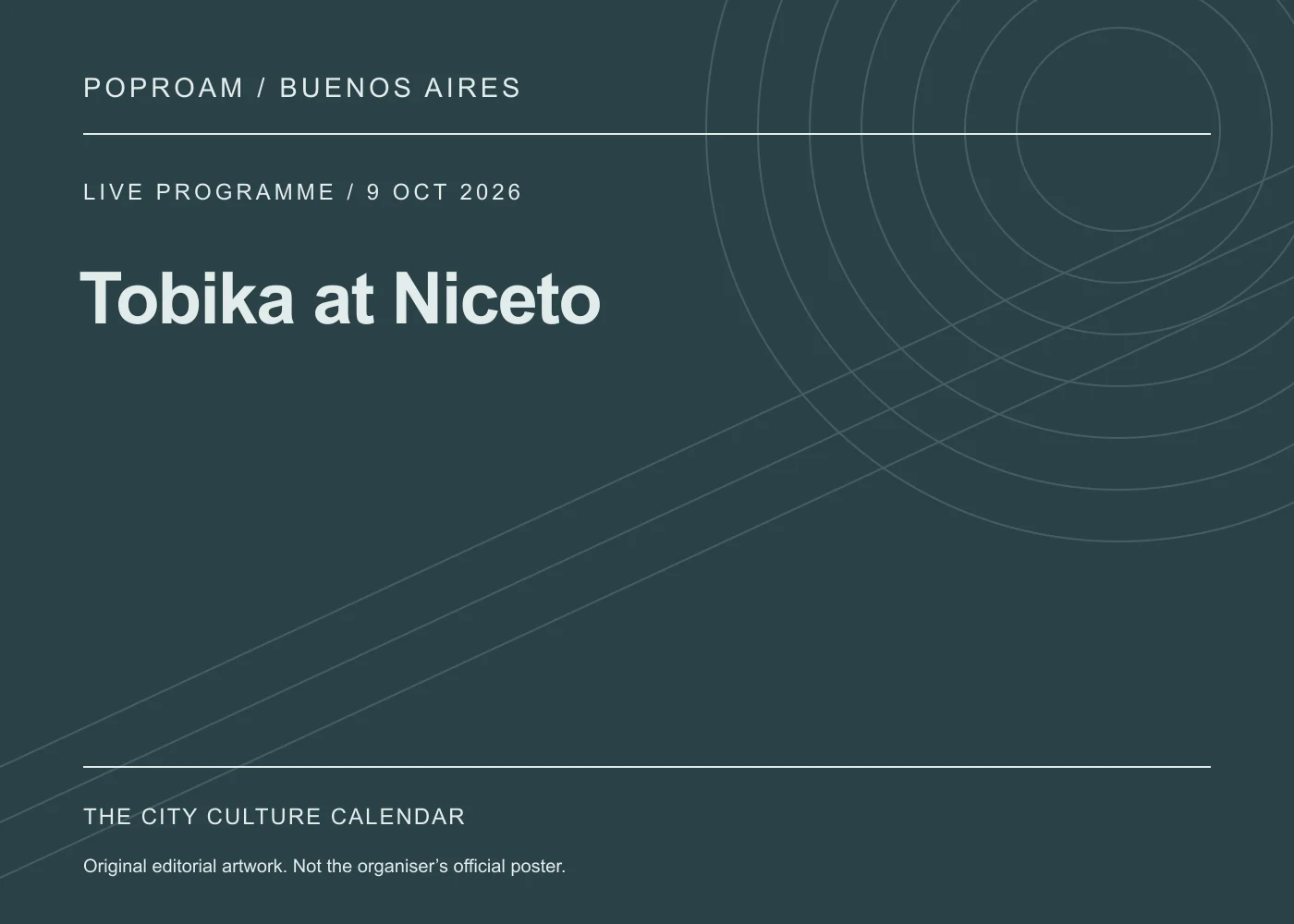 Original editorial programme artwork for Tobika at Niceto. This is not the organiser’s official poster.