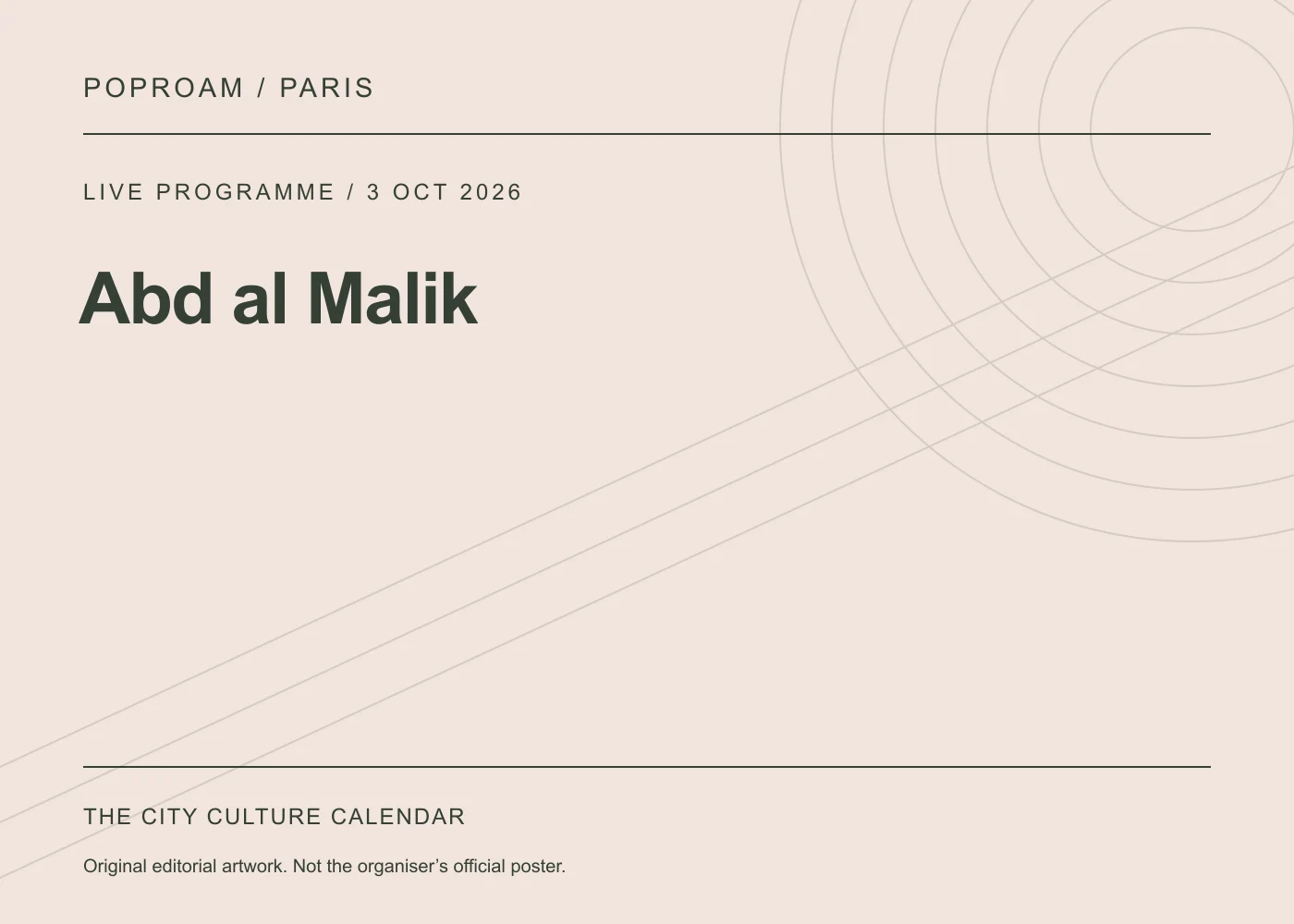 Original editorial programme artwork for Abd al Malik. This is not the organiser’s official poster.