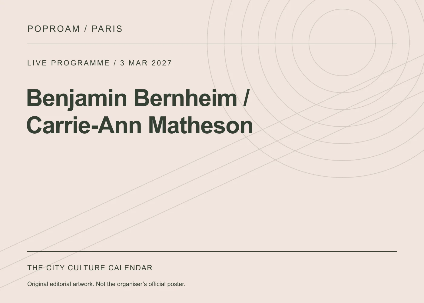 Original editorial programme artwork for Benjamin Bernheim / Carrie-Ann Matheson. This is not the organiser’s official poster.
