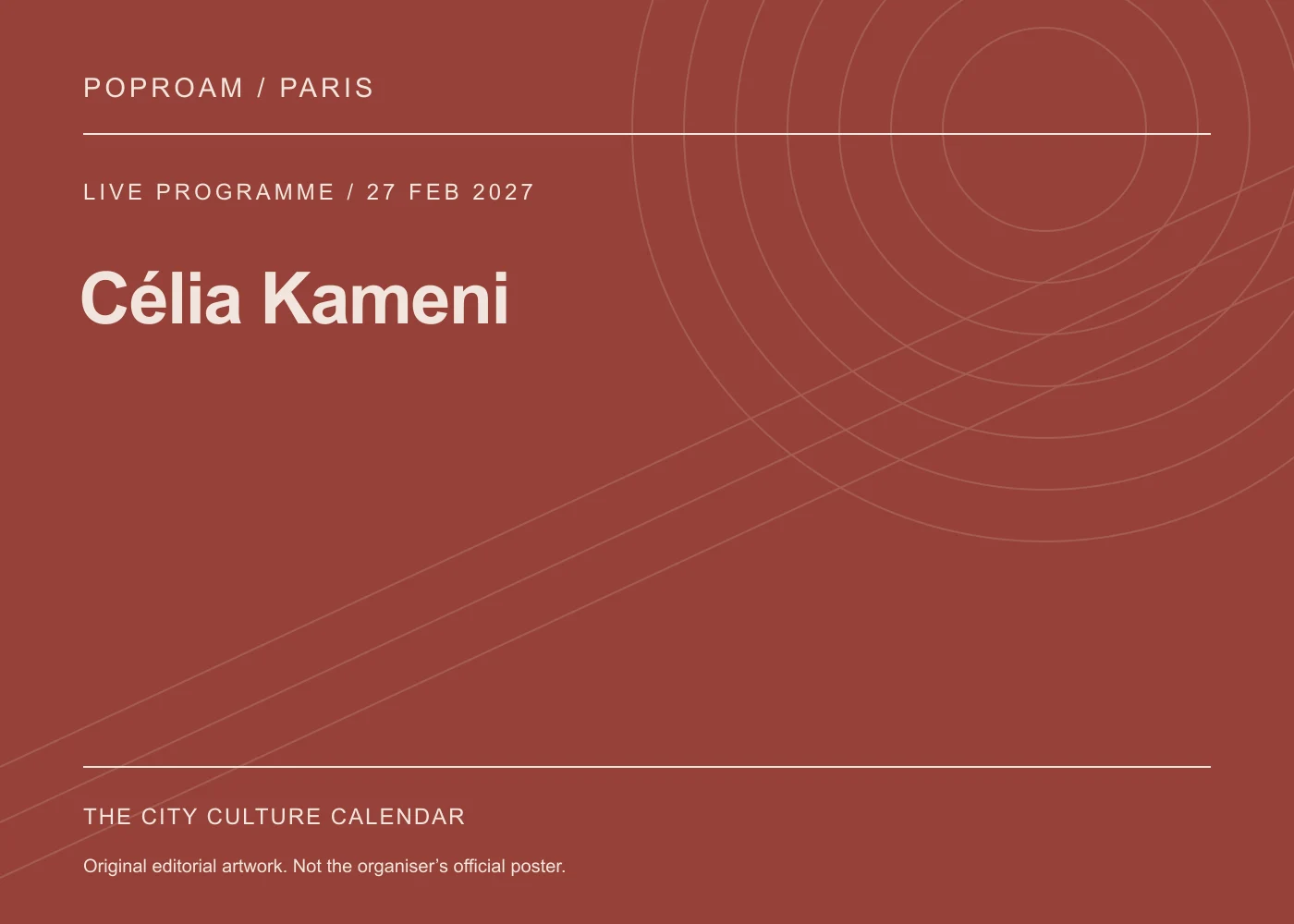 Original editorial programme artwork for Célia Kameni. This is not the organiser’s official poster.
