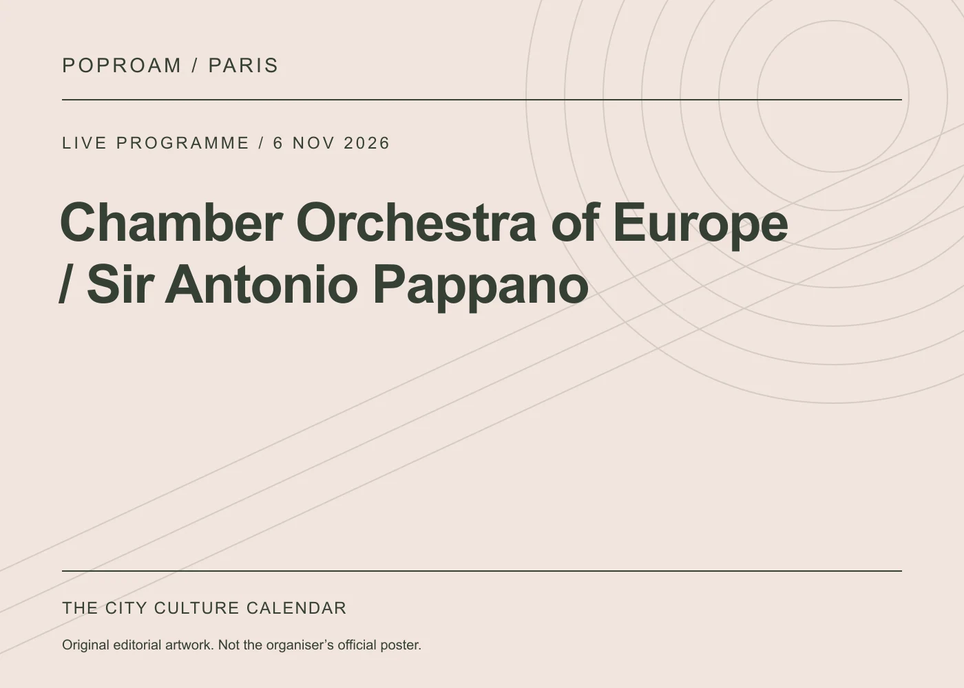 Original editorial programme artwork for Chamber Orchestra of Europe / Sir Antonio Pappano. This is not the organiser’s official poster.