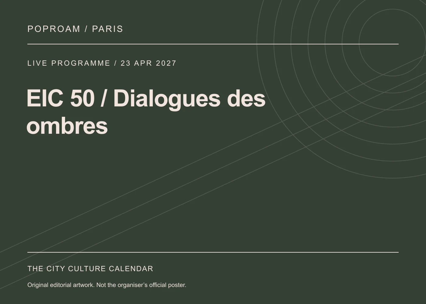 Original editorial programme artwork for EIC 50 / Dialogues des ombres. This is not the organiser’s official poster.