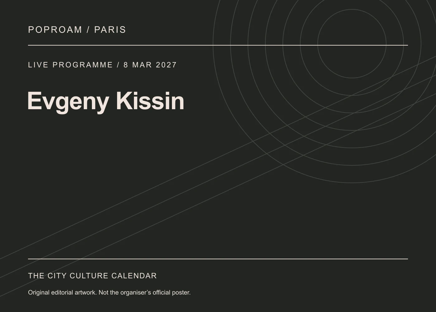 Original editorial programme artwork for Evgeny Kissin. This is not the organiser’s official poster.