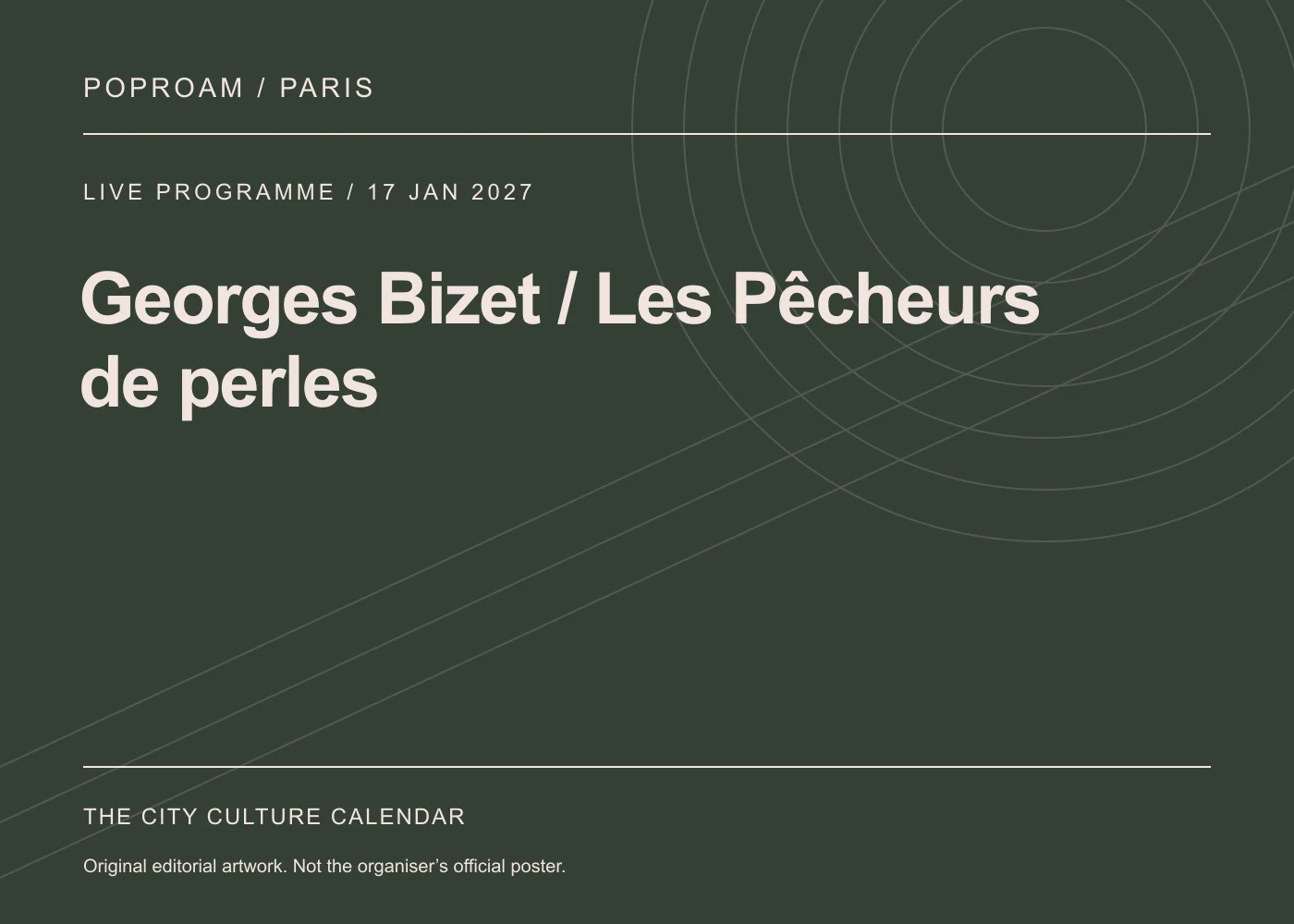 Original editorial programme artwork for Georges Bizet / Les Pêcheurs de perles. This is not the organiser’s official poster.