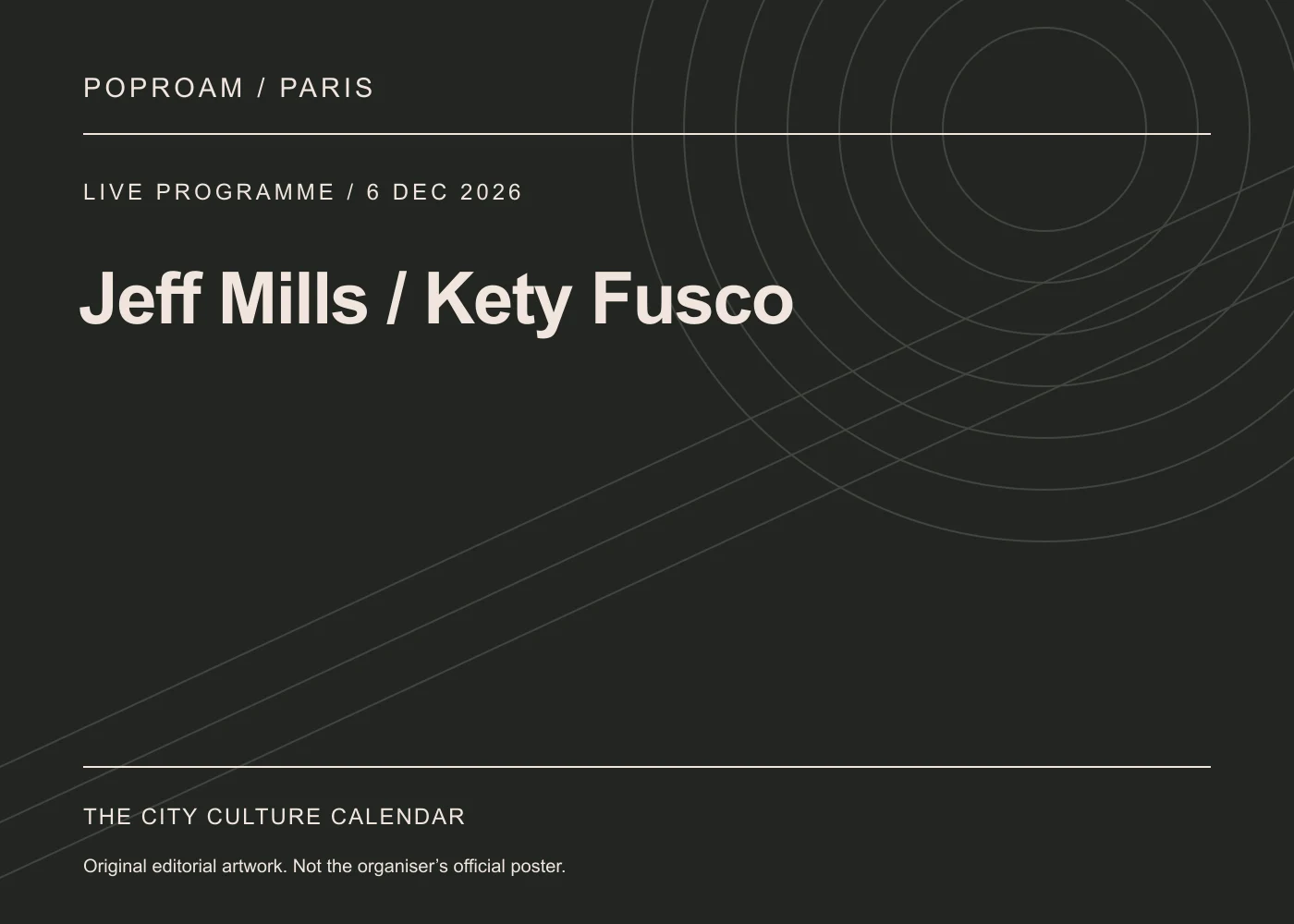 Original editorial programme artwork for Jeff Mills / Kety Fusco. This is not the organiser’s official poster.