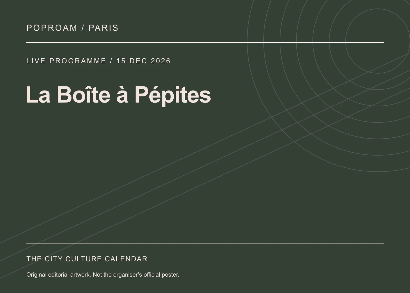 Original editorial programme artwork for La Boîte à Pépites. This is not the organiser’s official poster.