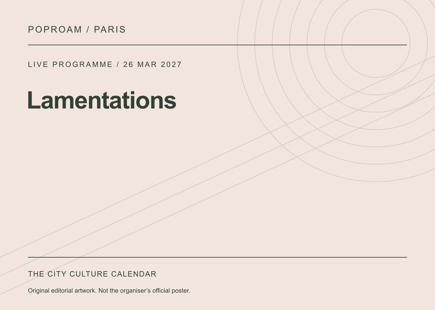 Original editorial programme artwork for Lamentations. This is not the organiser’s official poster.