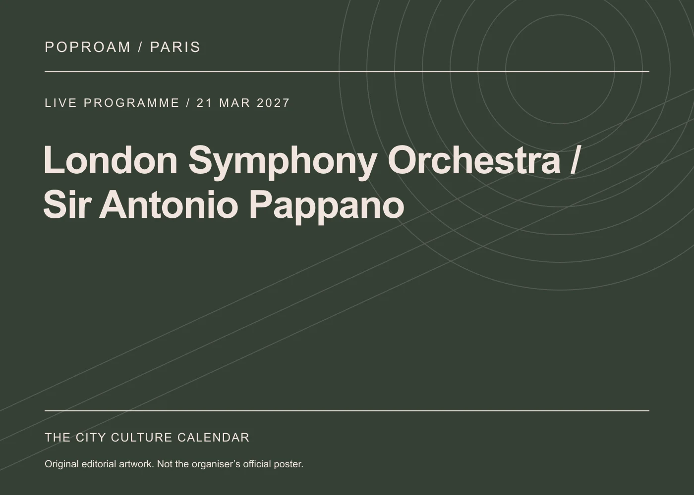 Original editorial programme artwork for London Symphony Orchestra / Sir Antonio Pappano. This is not the organiser’s official poster.