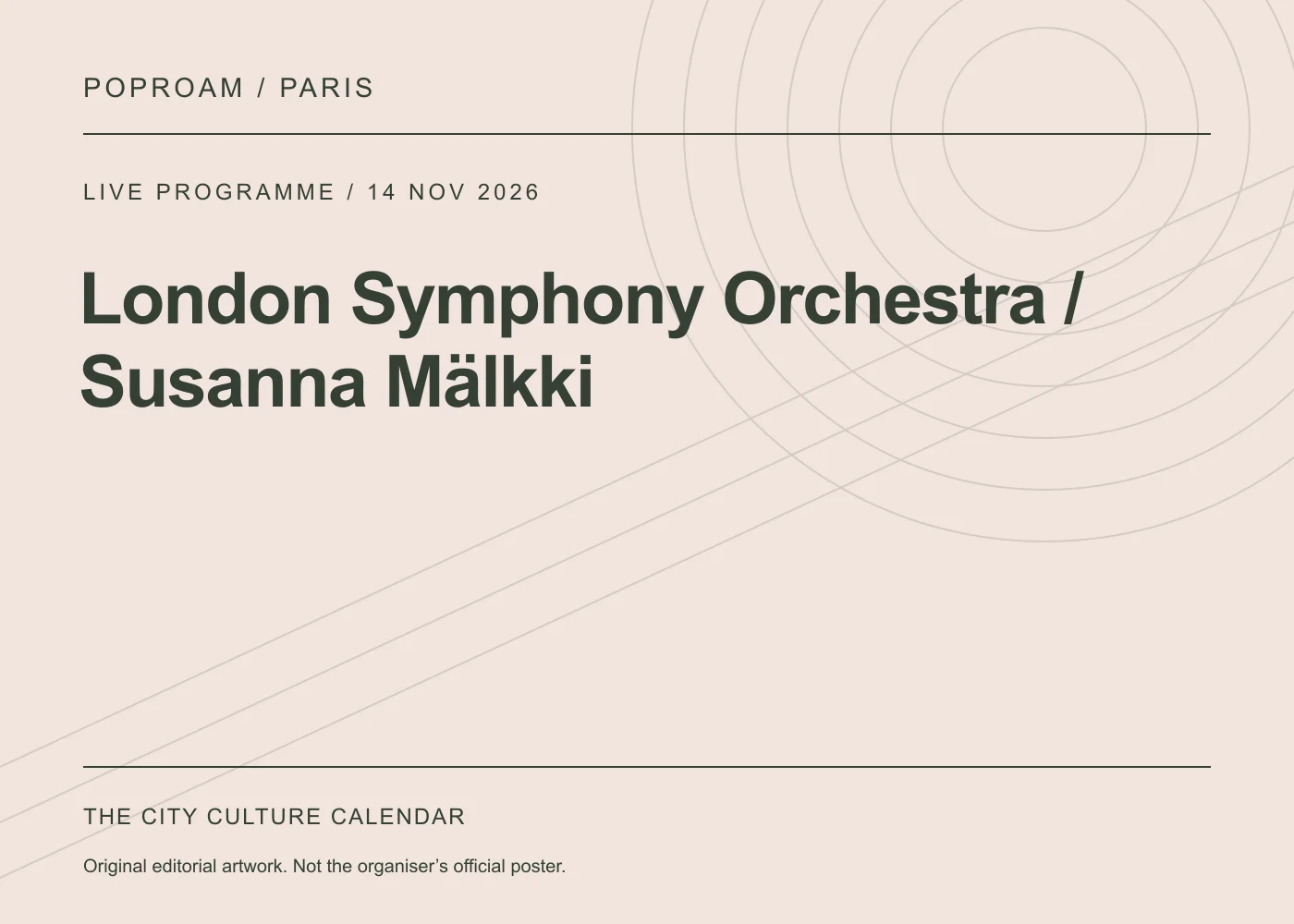 Original editorial programme artwork for London Symphony Orchestra / Susanna Mälkki. This is not the organiser’s official poster.