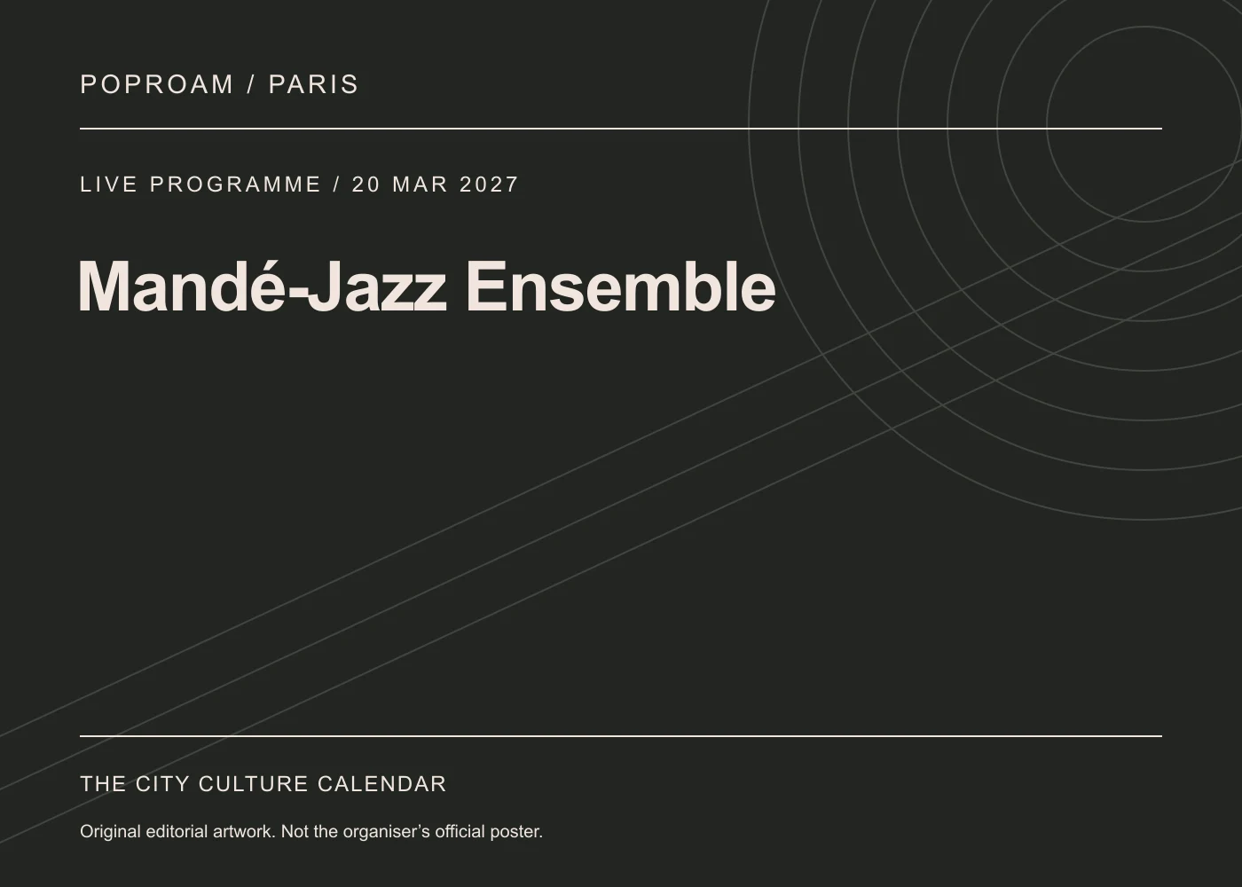 Original editorial programme artwork for Mandé-Jazz Ensemble. This is not the organiser’s official poster.