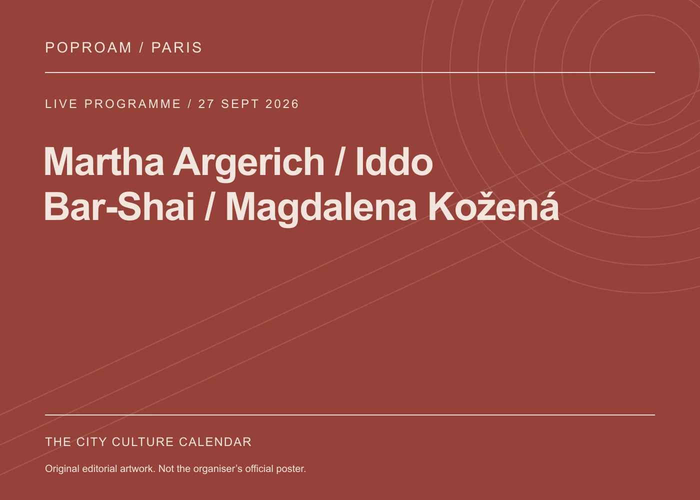 Original editorial programme artwork for Martha Argerich / Iddo Bar-Shai / Magdalena Kožená. This is not the organiser’s official poster.