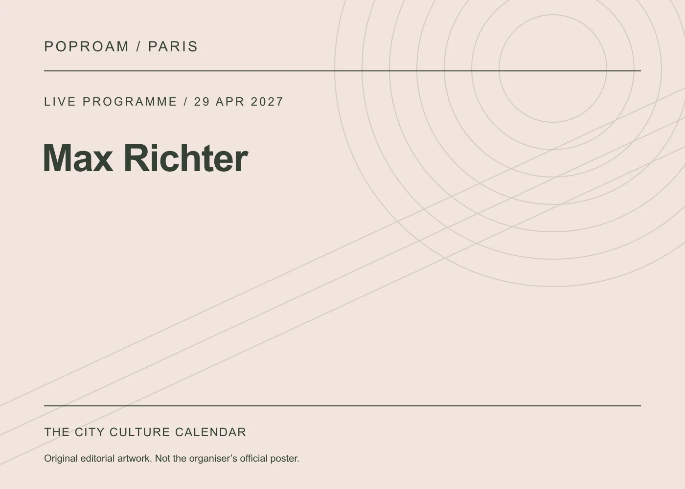 Original editorial programme artwork for Max Richter. This is not the organiser’s official poster.