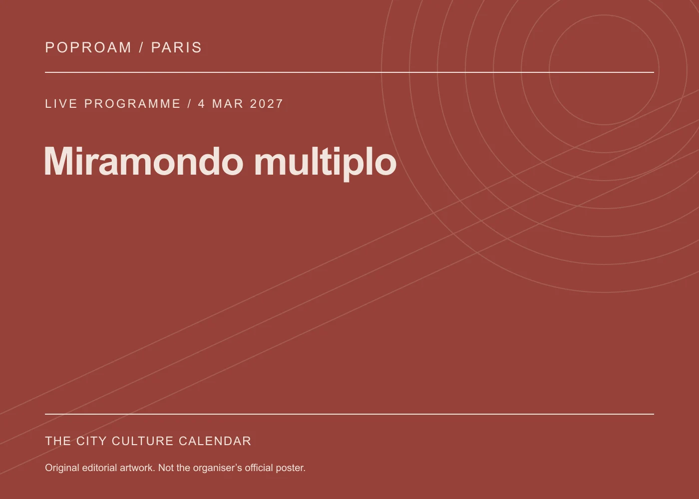 Original editorial programme artwork for Miramondo multiplo. This is not the organiser’s official poster.