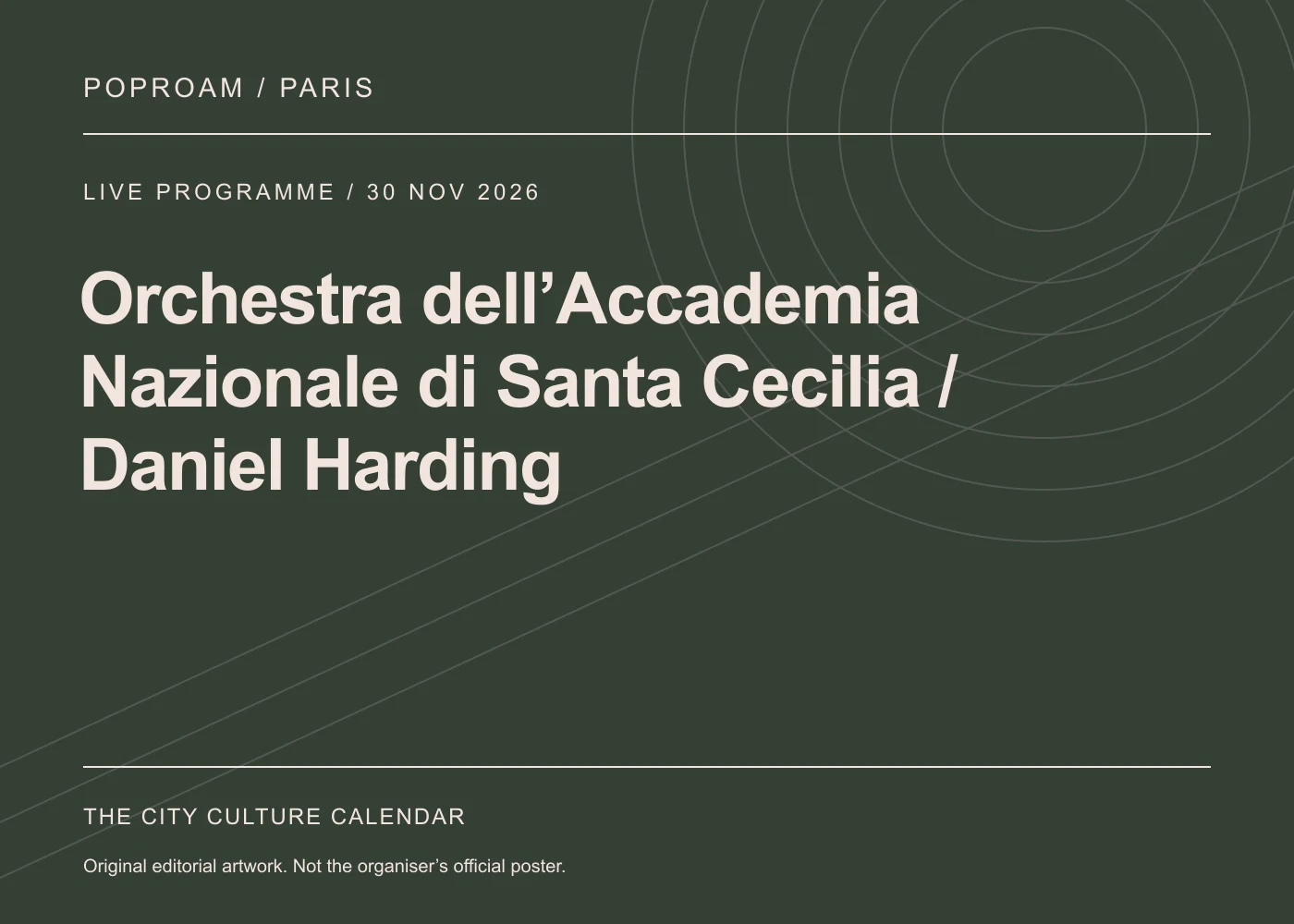 Original editorial programme artwork for Orchestra dell’Accademia Nazionale di Santa Cecilia / Daniel Harding. This is not the organiser’s official poster.