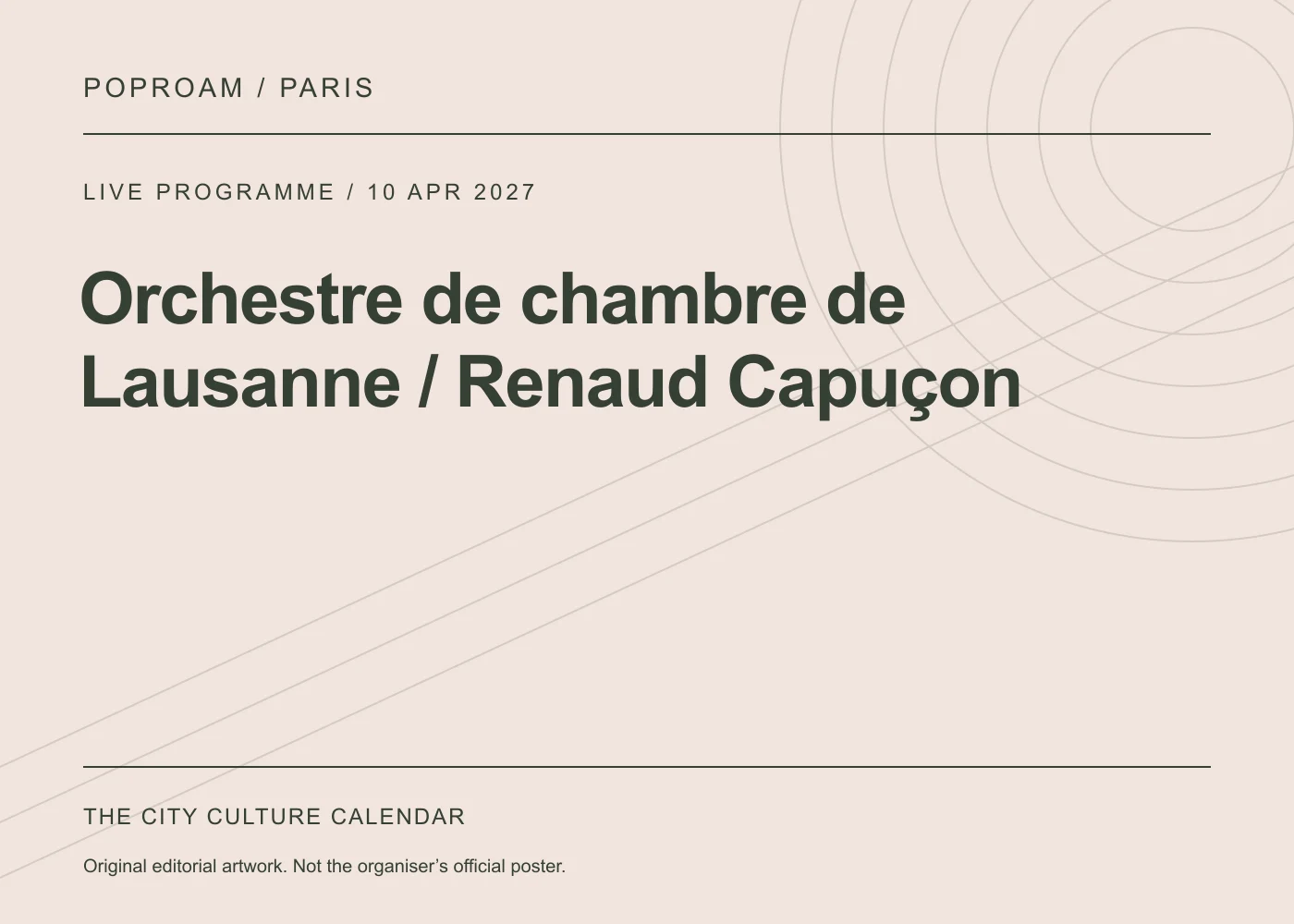 Original editorial programme artwork for Orchestre de chambre de Lausanne / Renaud Capuçon. This is not the organiser’s official poster.