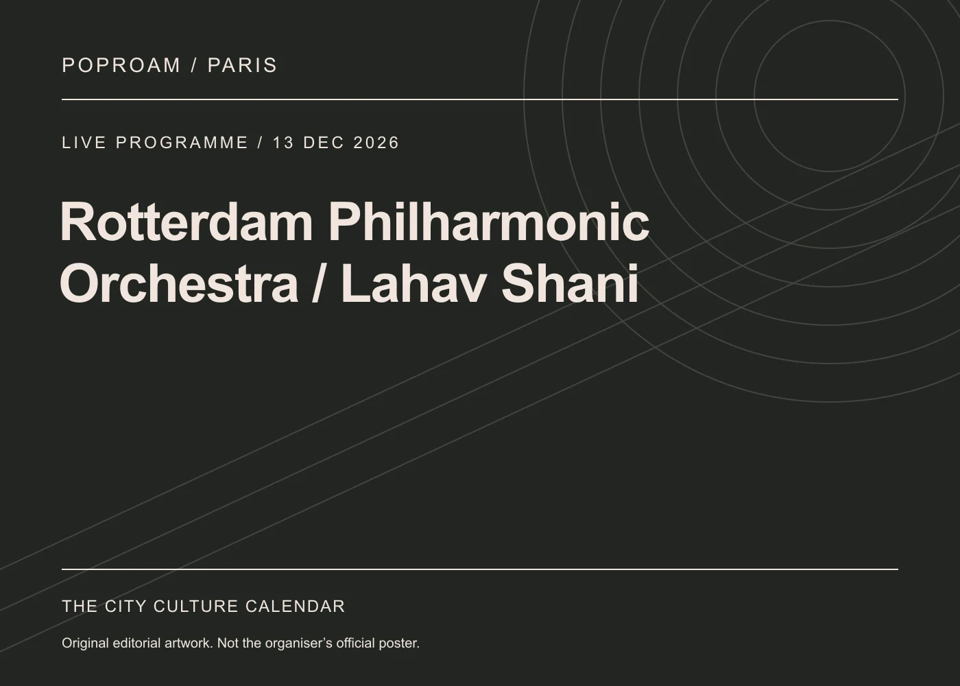 Original editorial programme artwork for Rotterdam Philharmonic Orchestra / Lahav Shani. This is not the organiser’s official poster.