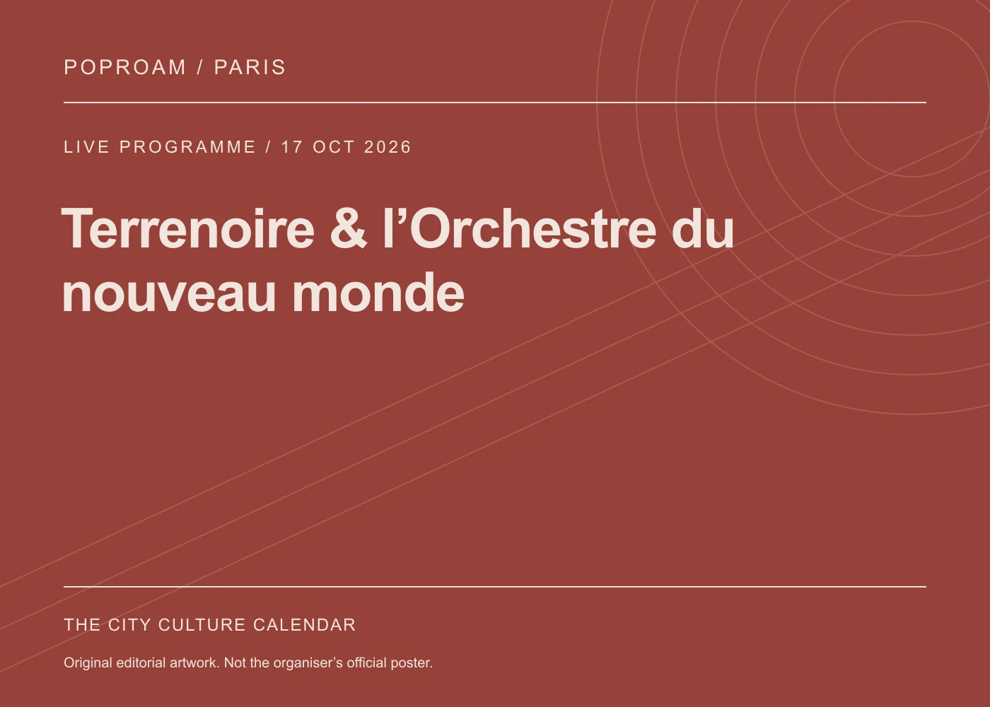 Original editorial programme artwork for Terrenoire & l’Orchestre du nouveau monde. This is not the organiser’s official poster.