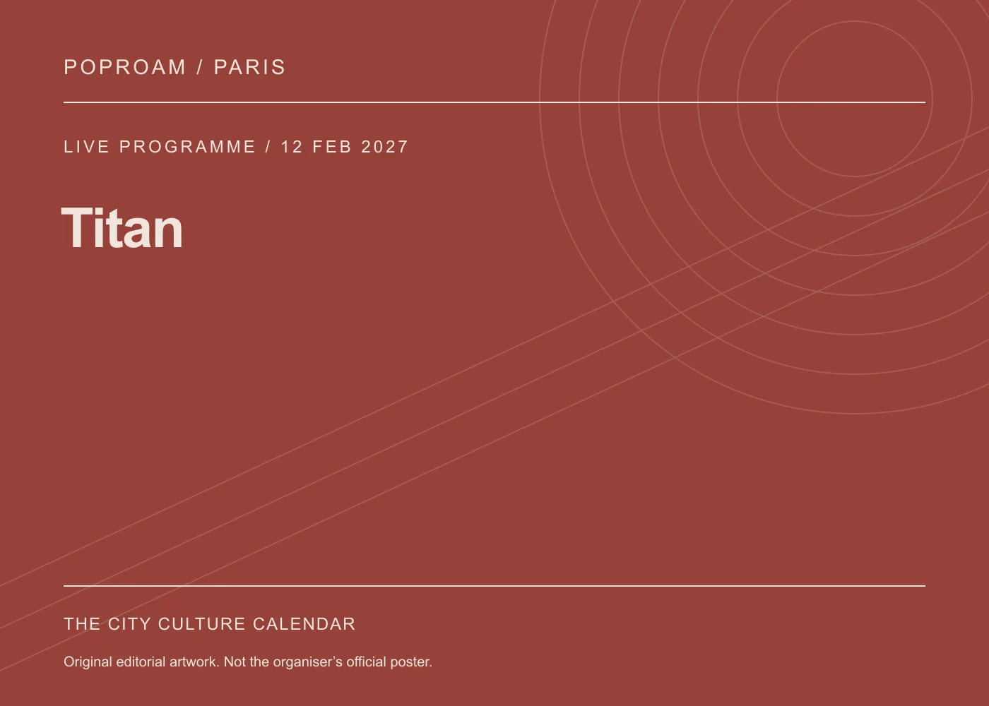 Original editorial programme artwork for Titan. This is not the organiser’s official poster.