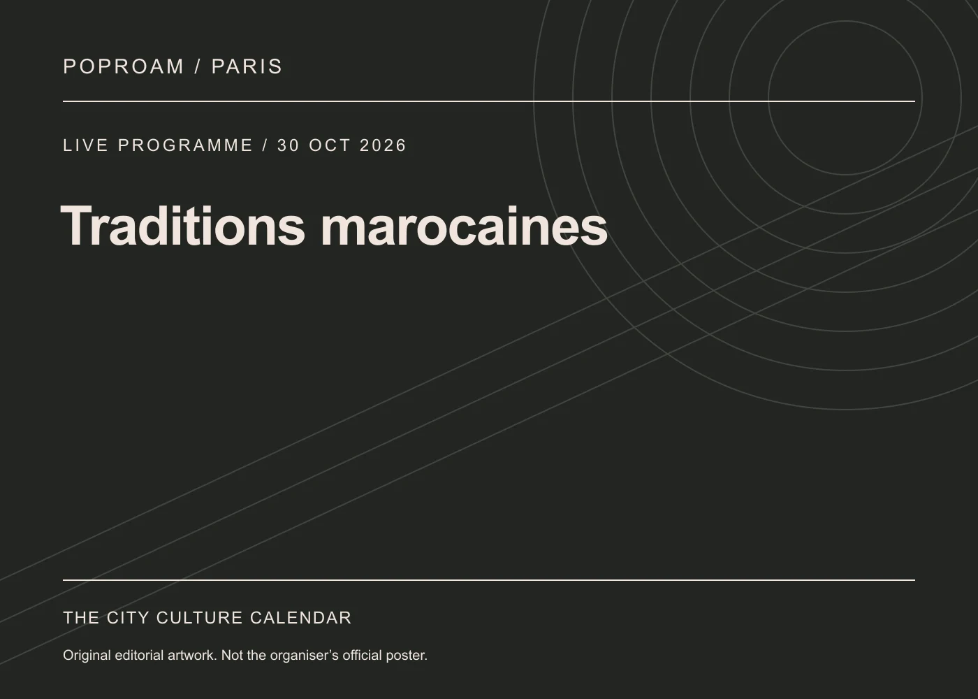 Original editorial programme artwork for Traditions marocaines. This is not the organiser’s official poster.