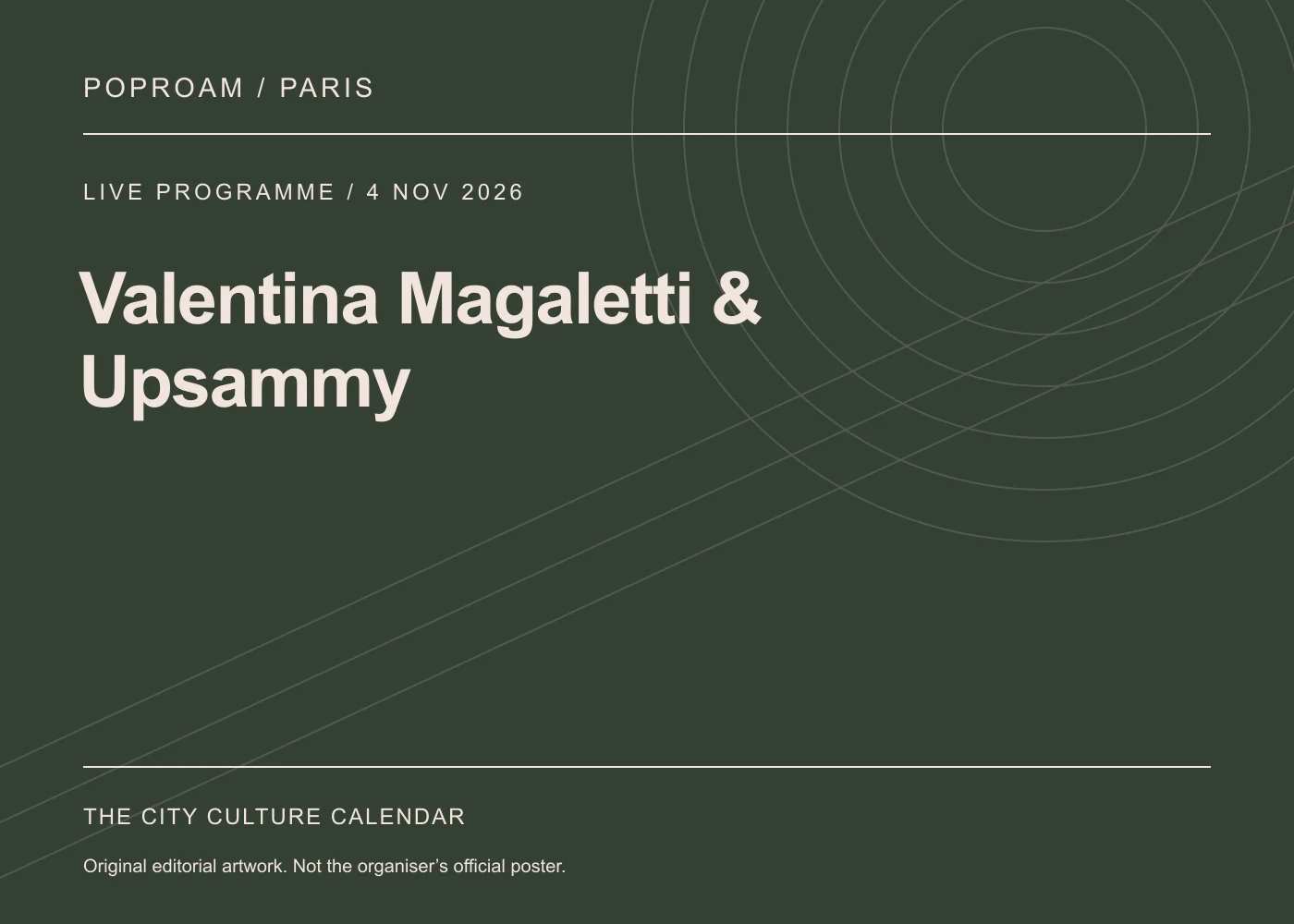 Original editorial programme artwork for Valentina Magaletti & Upsammy. This is not the organiser’s official poster.