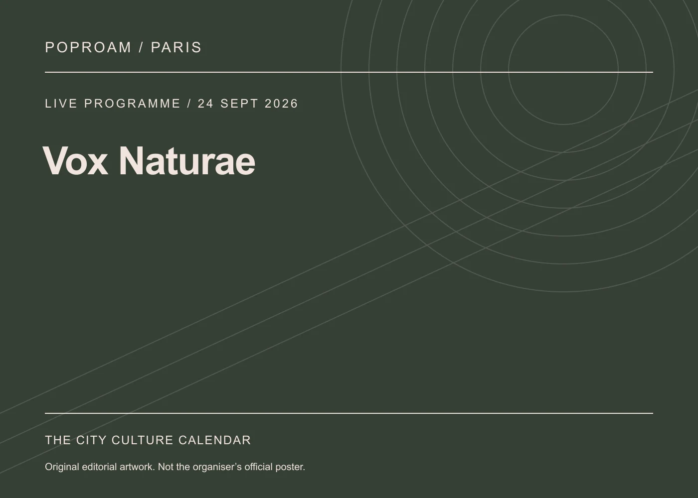 Original editorial programme artwork for Vox Naturae. This is not the organiser’s official poster.