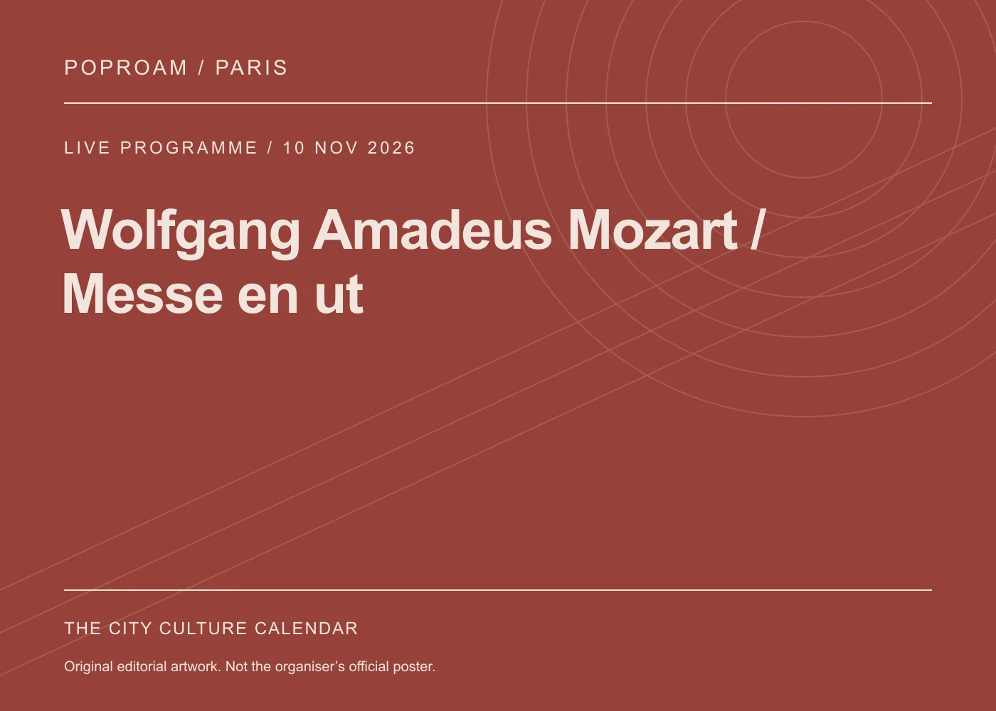 Original editorial programme artwork for Wolfgang Amadeus Mozart / Messe en ut. This is not the organiser’s official poster.