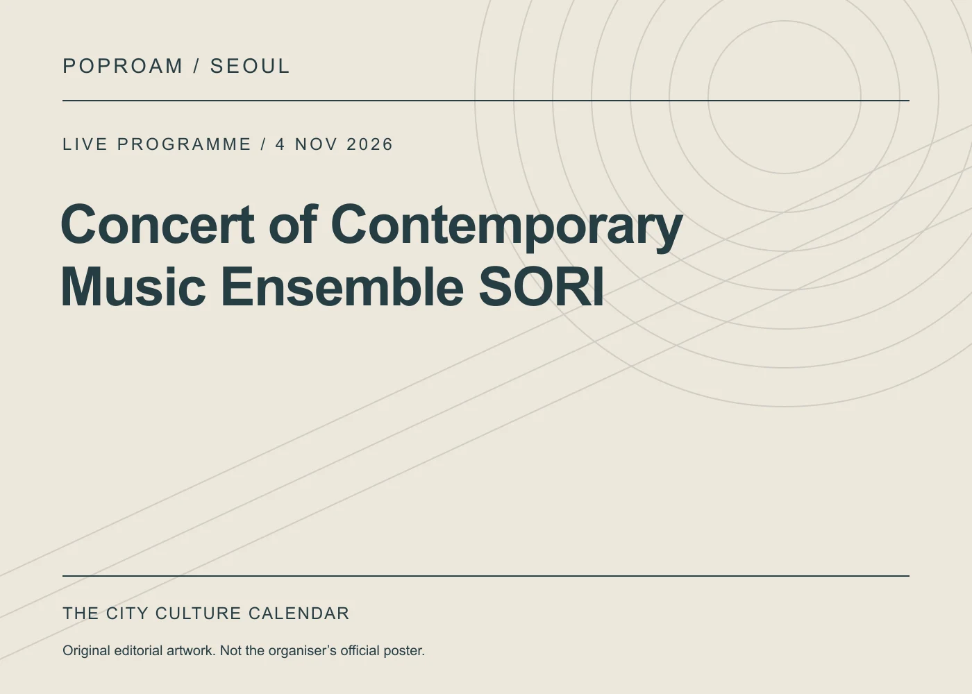 Original editorial programme artwork for Concert of Contemporary Music Ensemble SORI. This is not the organiser’s official poster.