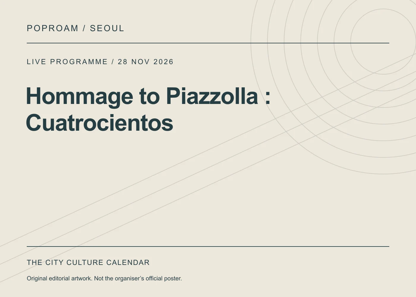 Original editorial programme artwork for Hommage to Piazzolla : Cuatrocientos. This is not the organiser’s official poster.