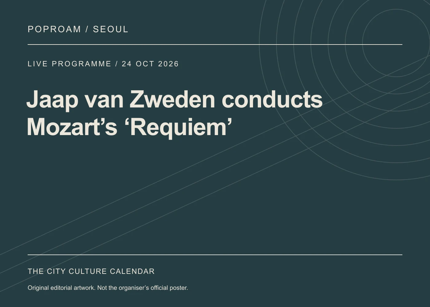 Original editorial programme artwork for Jaap van Zweden conducts Mozart’s ‘Requiem’. This is not the organiser’s official poster.