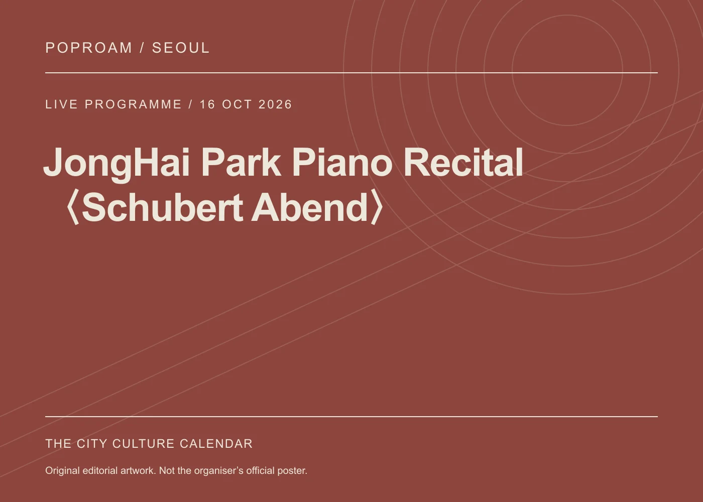 Original editorial programme artwork for JongHai Park Piano Recital 〈Schubert Abend〉. This is not the organiser’s official poster.