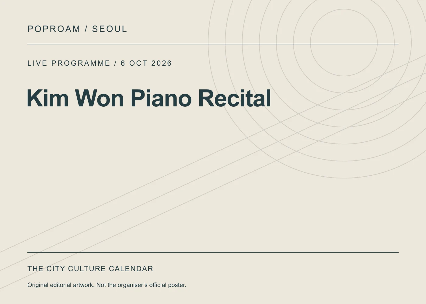 Original editorial programme artwork for Kim Won Piano Recital. This is not the organiser’s official poster.