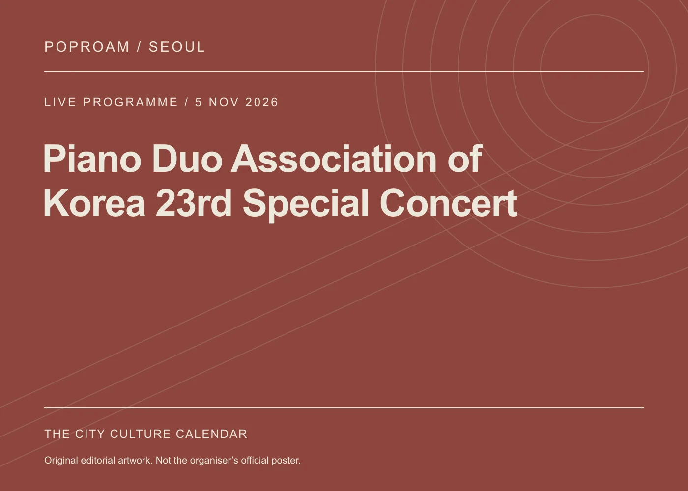 Original editorial programme artwork for Piano Duo Association of Korea 23rd Special Concert. This is not the organiser’s official poster.