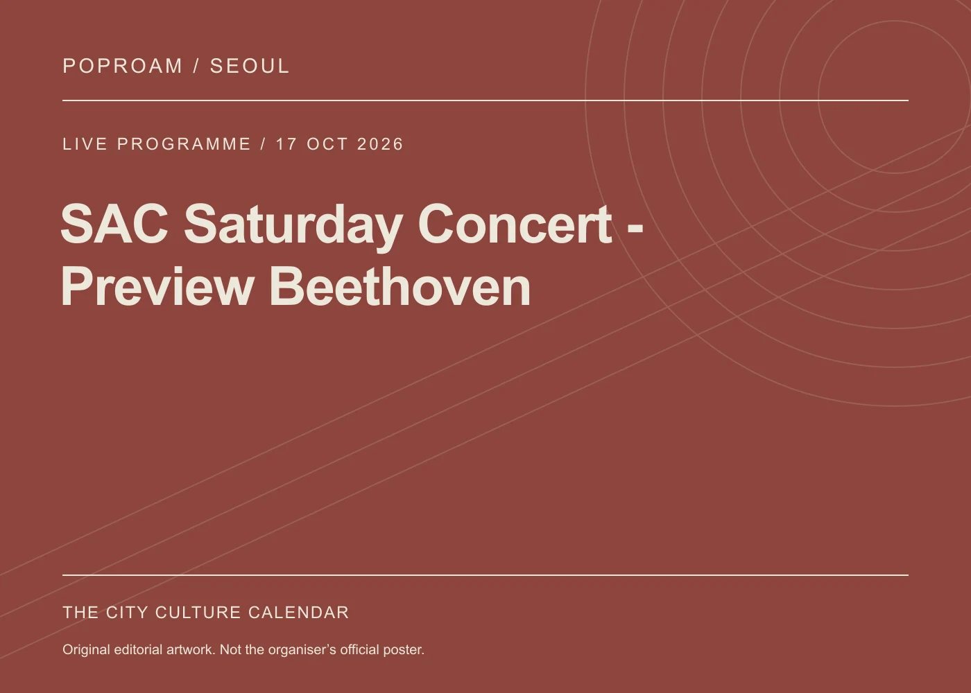 Original editorial programme artwork for SAC Saturday Concert - Preview Beethoven. This is not the organiser’s official poster.