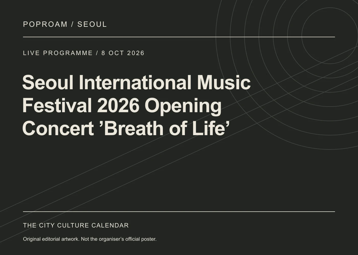 Original editorial programme artwork for Seoul International Music Festival 2026 Opening Concert ’Breath of Life’. This is not the organiser’s official poster.