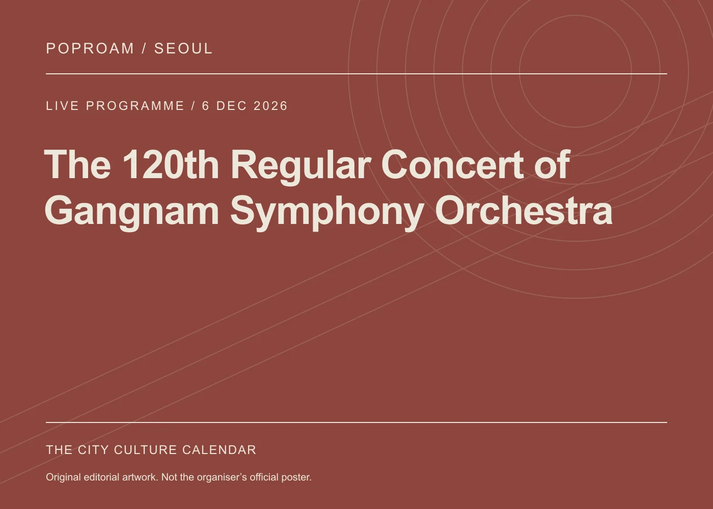Original editorial programme artwork for The 120th Regular Concert of Gangnam Symphony Orchestra. This is not the organiser’s official poster.