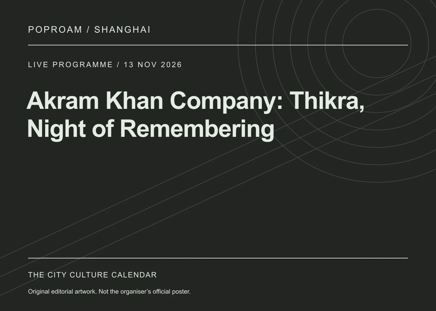 Original editorial programme artwork for Akram Khan Company: Thikra, Night of Remembering. This is not the organiser’s official poster.