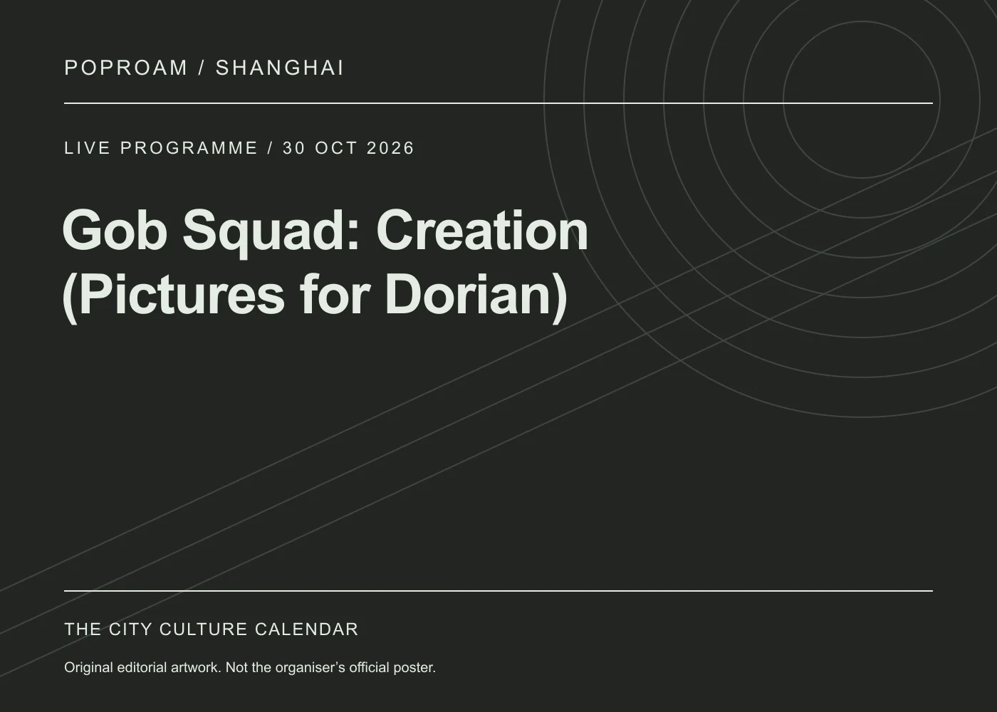 Original editorial programme artwork for Gob Squad: Creation (Pictures for Dorian). This is not the organiser’s official poster.