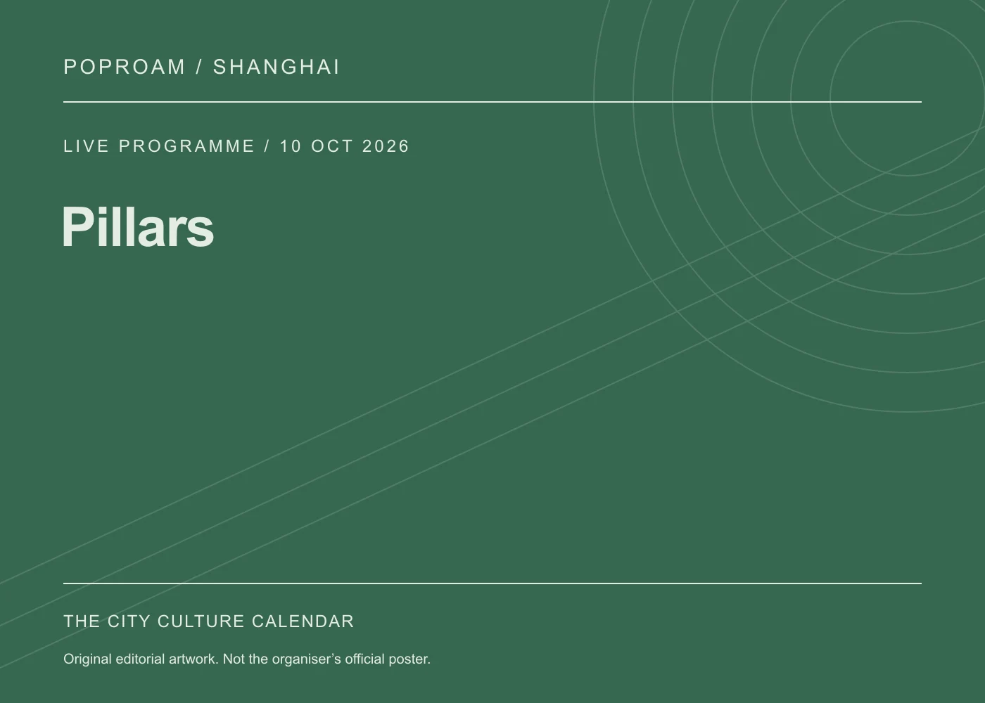 Original editorial programme artwork for Pillars. This is not the organiser’s official poster.