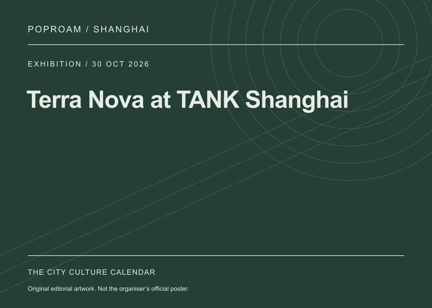 Original editorial programme artwork for Terra Nova at TANK Shanghai. This is not the organiser’s official poster.