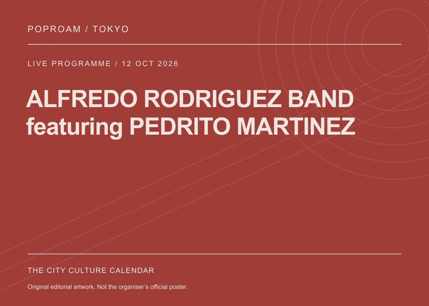 Original editorial programme artwork for ALFREDO RODRIGUEZ BAND featuring PEDRITO MARTINEZ. This is not the organiser’s official poster.