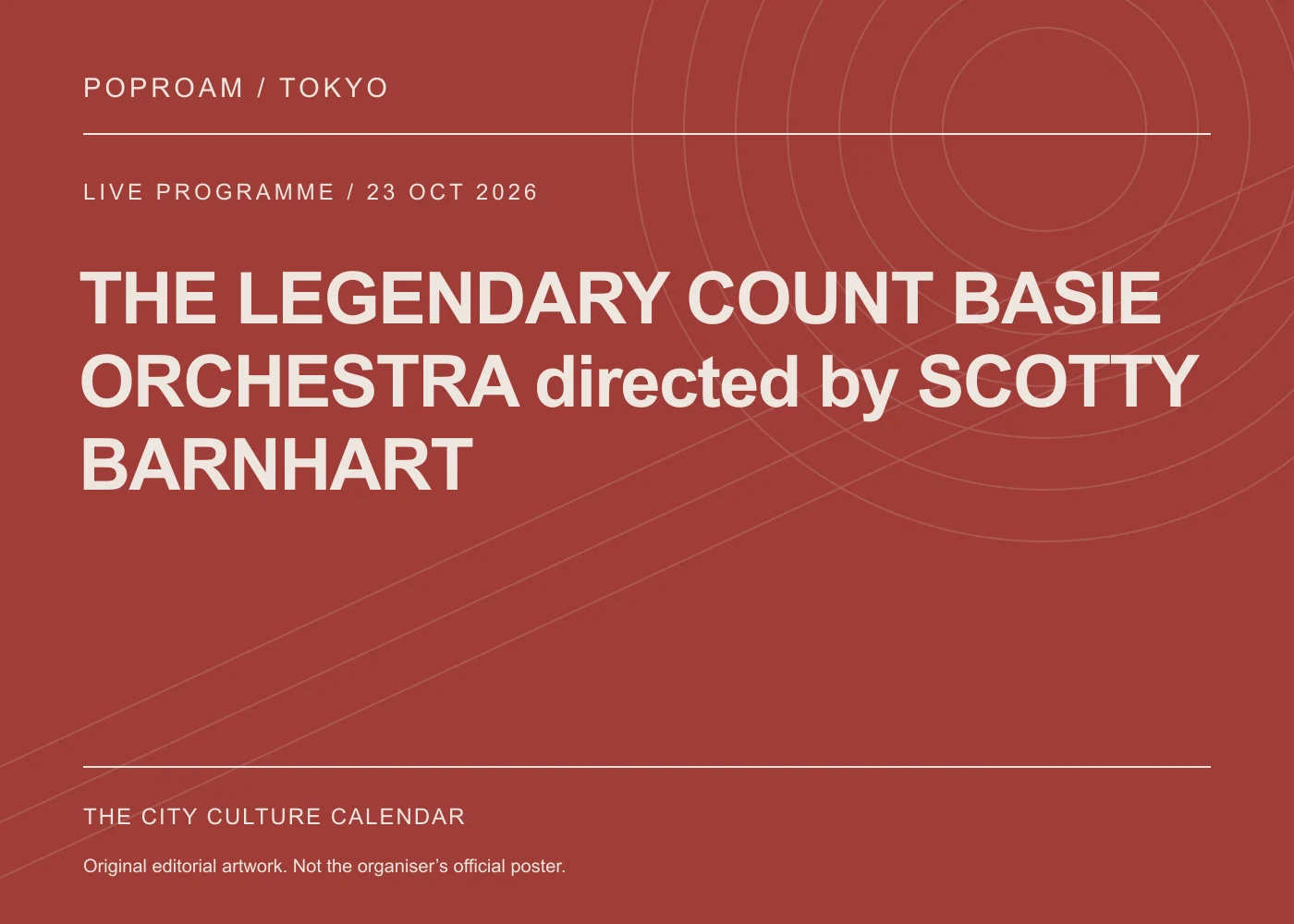 Original editorial programme artwork for THE LEGENDARY COUNT BASIE ORCHESTRA directed by SCOTTY BARNHART. This is not the organiser’s official poster.