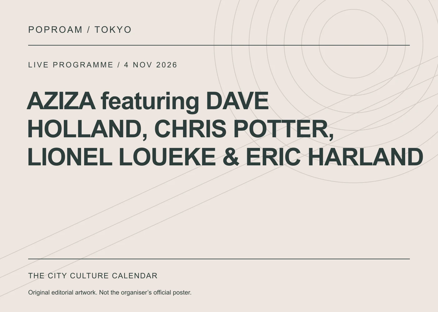 Original editorial programme artwork for AZIZA featuring DAVE HOLLAND, CHRIS POTTER, LIONEL LOUEKE & ERIC HARLAND. This is not the organiser’s official poster.