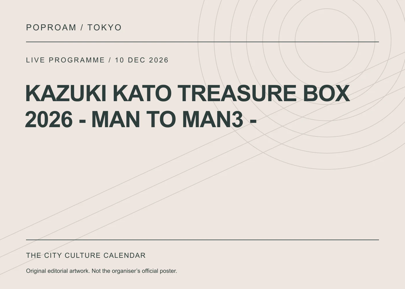 Original editorial programme artwork for KAZUKI KATO TREASURE BOX 2026 - MAN TO MAN3 -. This is not the organiser’s official poster.