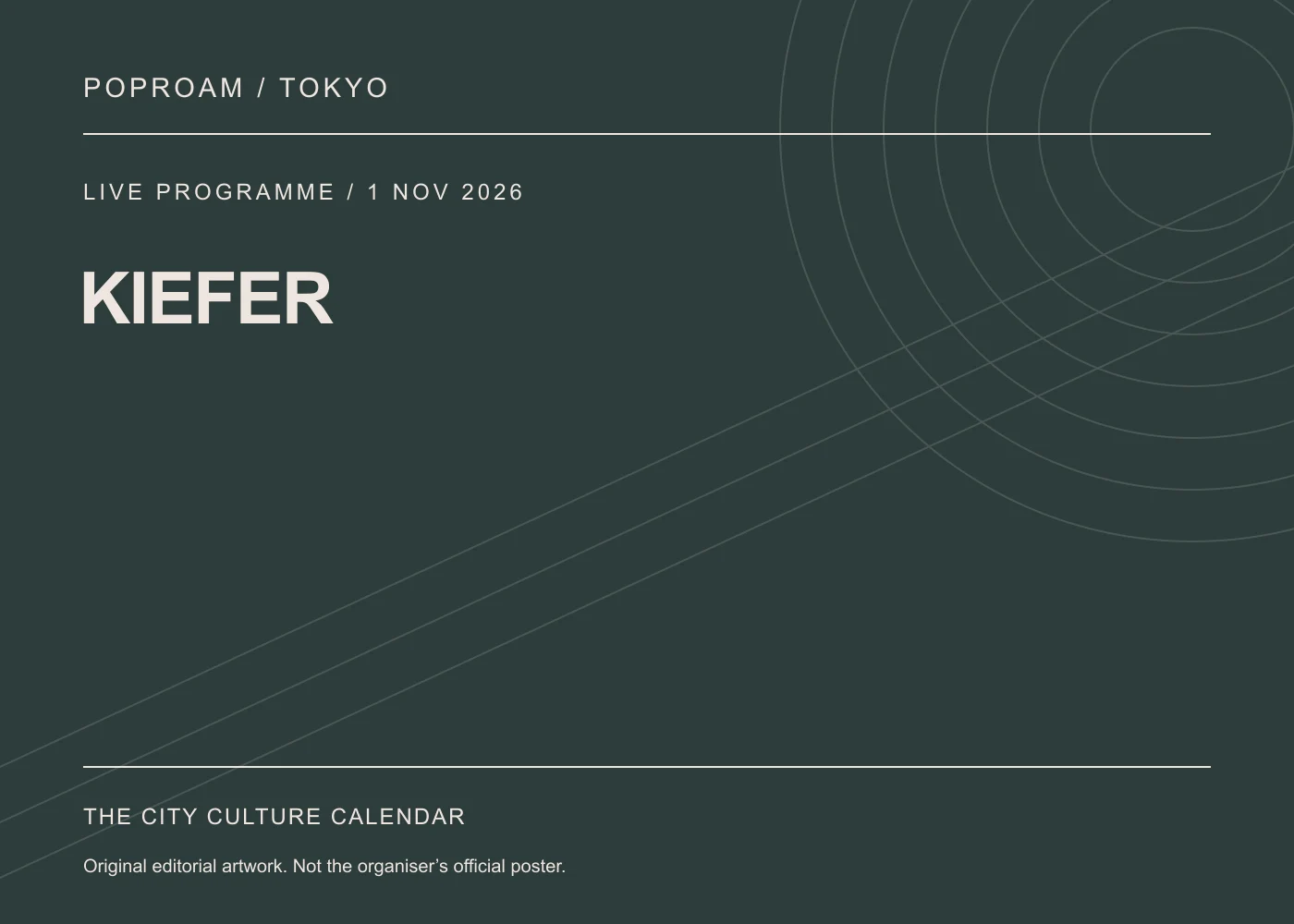 Original editorial programme artwork for KIEFER. This is not the organiser’s official poster.