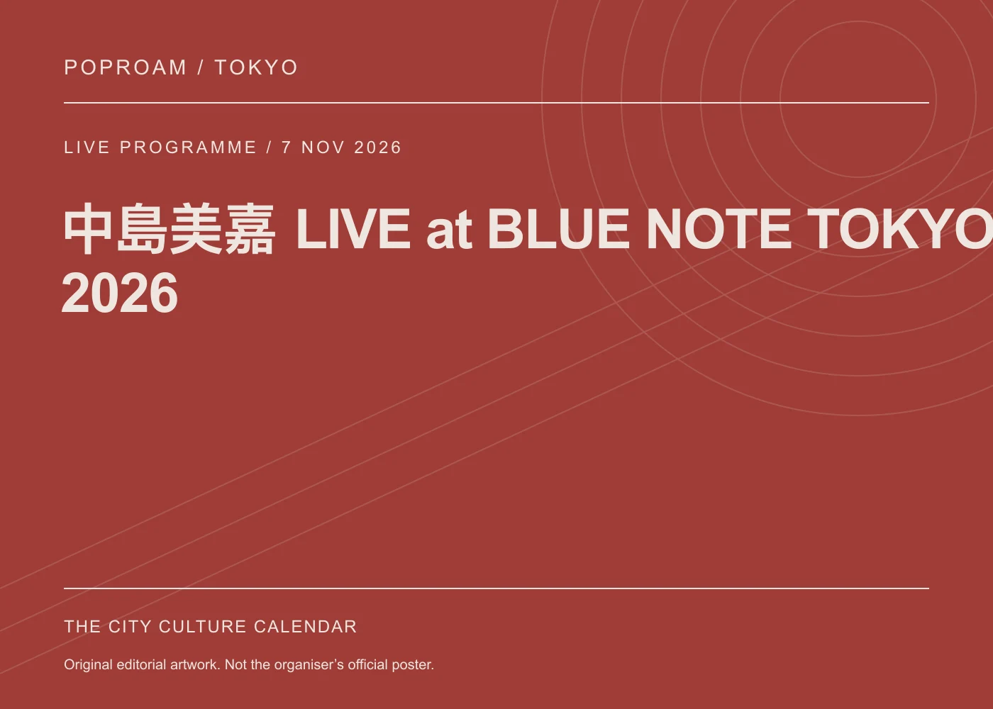 Original editorial programme artwork for 中島美嘉 LIVE at BLUE NOTE TOKYO 2026. This is not the organiser’s official poster.