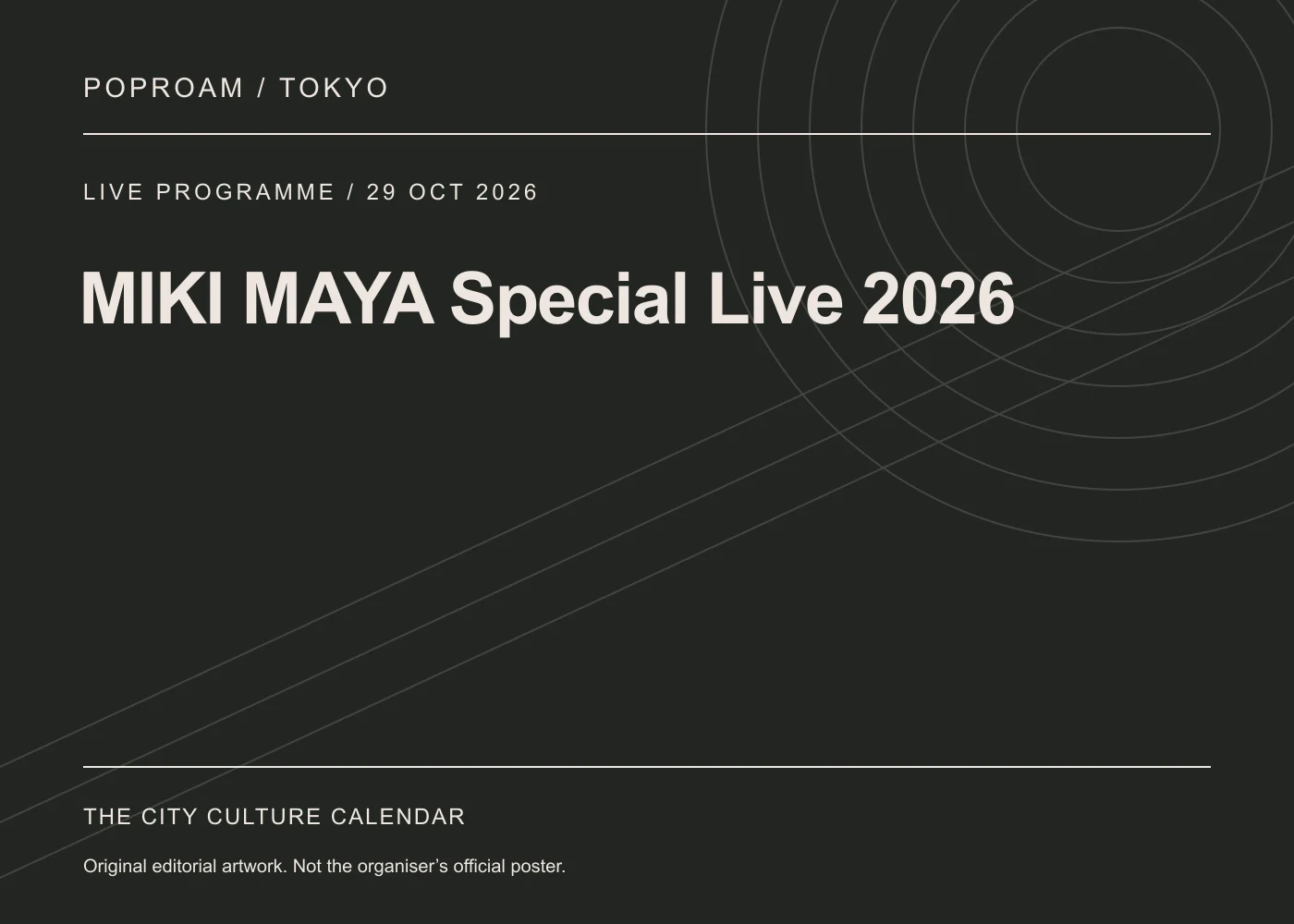 Original editorial programme artwork for MIKI MAYA Special Live 2026. This is not the organiser’s official poster.