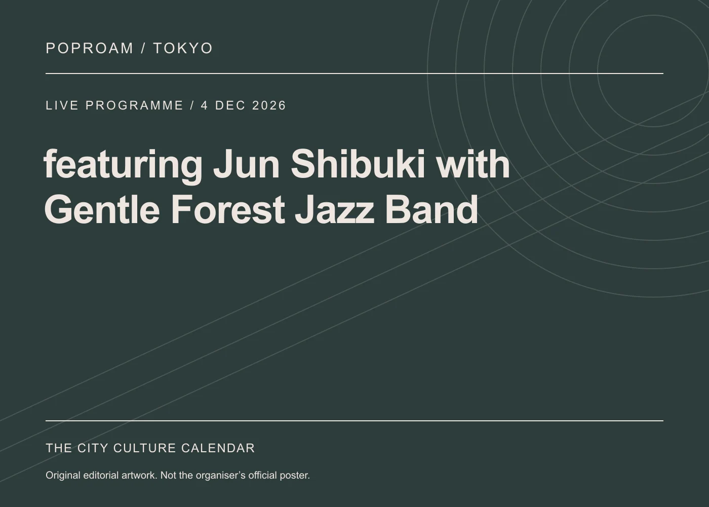 Original editorial programme artwork for featuring Jun Shibuki with Gentle Forest Jazz Band. This is not the organiser’s official poster.