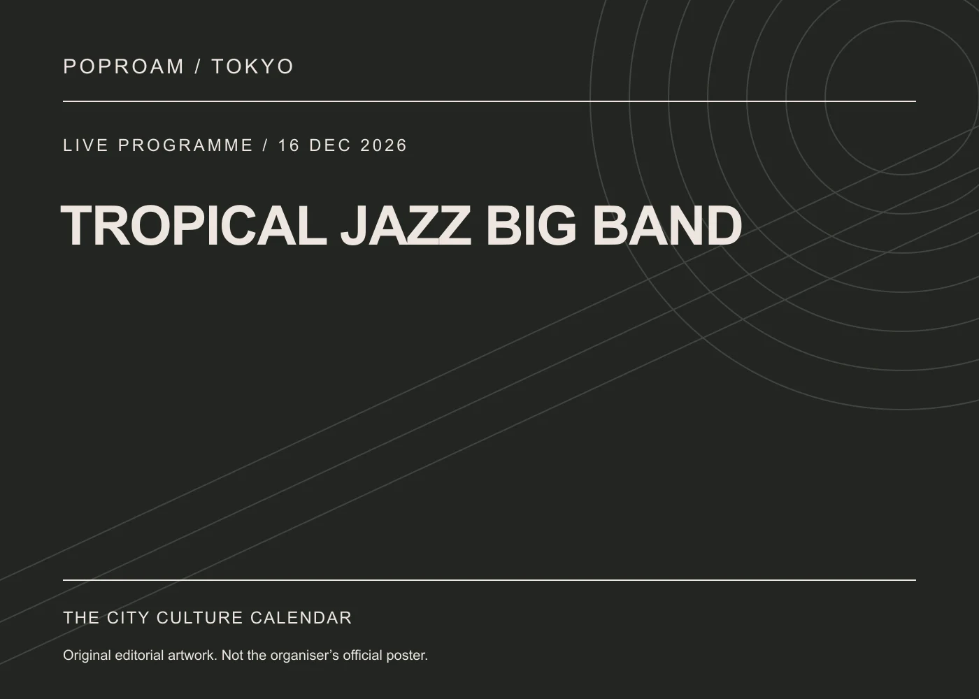 Original editorial programme artwork for TROPICAL JAZZ BIG BAND. This is not the organiser’s official poster.