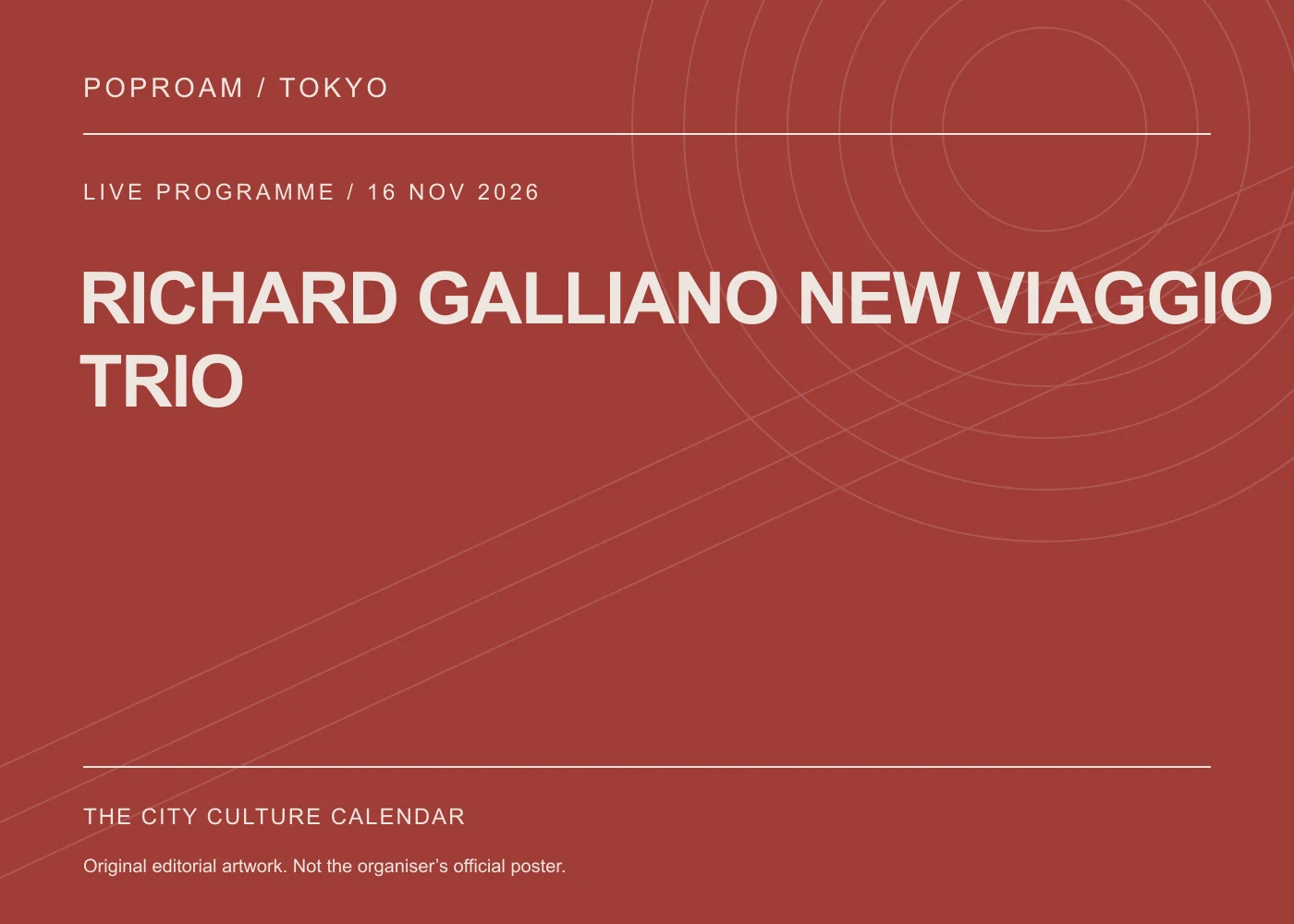 Original editorial programme artwork for RICHARD GALLIANO NEW VIAGGIO TRIO. This is not the organiser’s official poster.