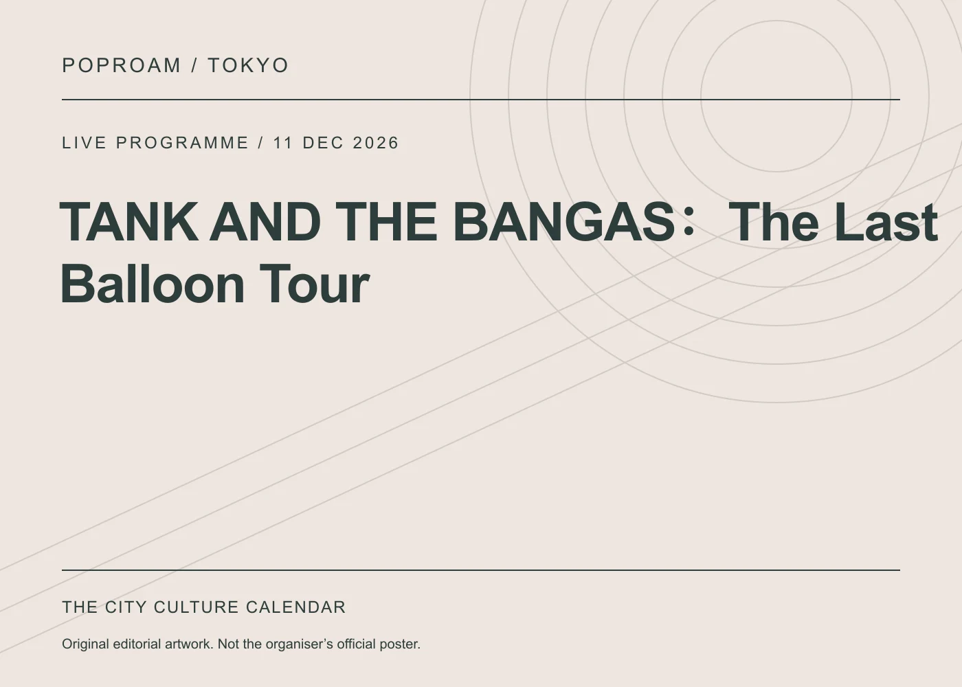 Original editorial programme artwork for TANK AND THE BANGAS:The Last Balloon Tour. This is not the organiser’s official poster.